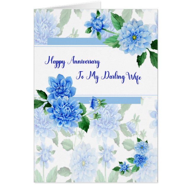Jubiläumskarte für Ehefrau, Blue Dahlias (Vorne)