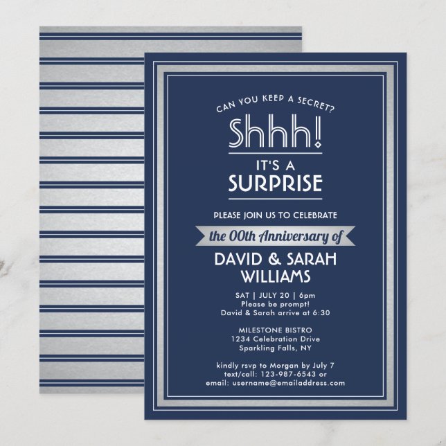 Jubiläumsüberraschung Party Navy Blue White Silver Einladung (Vorne/Hinten)