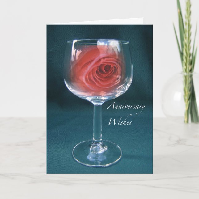 Jubiläumswünsche mit Rose im Weinglas Karte (Vorderseite)