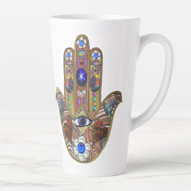 Judaica Hamsa Hearts Flowers Opal Art Print Milchtasse (Rechts)