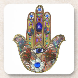 Judaica Hamsa Herzen Blumen Opal Kunst Druck Untersetzer