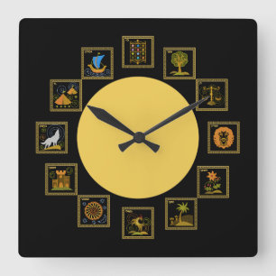 Judaika 12 Stämme Israel-Uhr Quadratische Wanduhr