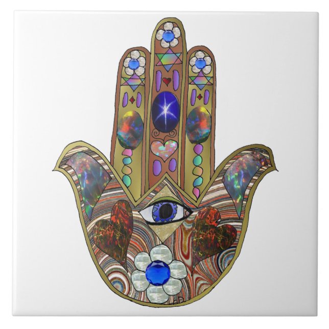 Judaika Hamsa Hört Blume Opal Art Print Fliese (Vorderseite)