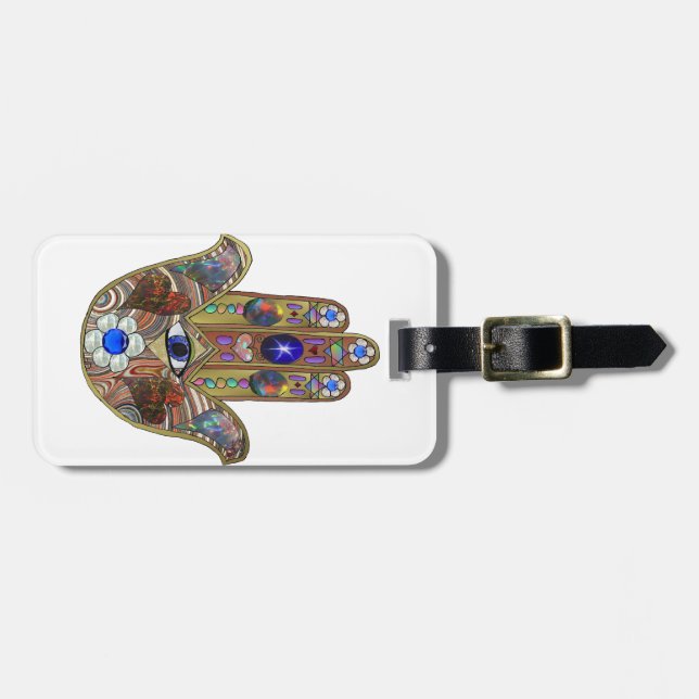 Judaika Hamsa Hört Blume Opal Art Print Gepäckanhänger (Vorderseite horizontal)