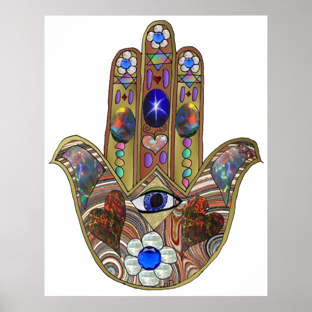 Judaika Hamsa Hört Blume Opal Art Print Poster (Vorne)