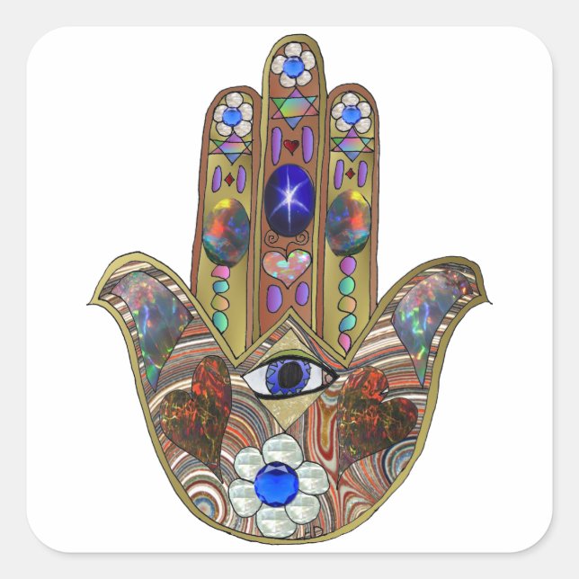 Judaika Hamsa Hört Blume Opal Art Print Quadratischer Aufkleber (Vorderseite)