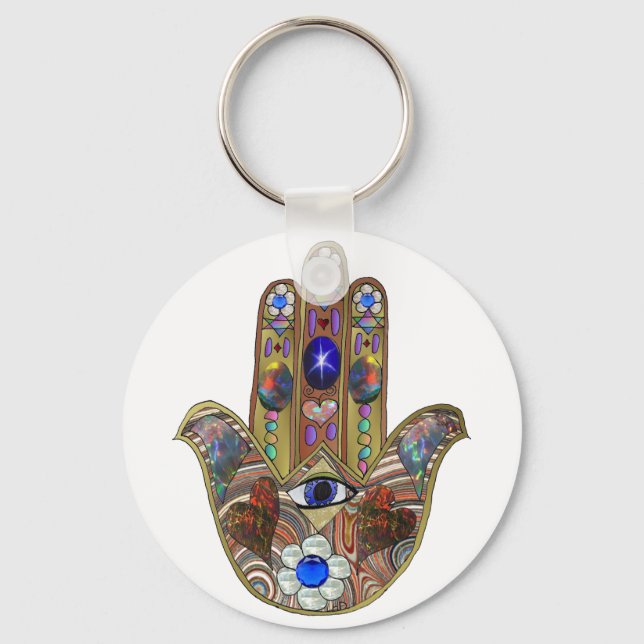 Judaika Hamsa Hört Blume Opal Art Print Schlüsselanhänger (Vorderseite)