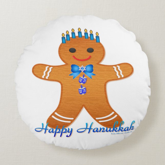 Judaika Hanukkah Gingerbread Man Menorah Rundes Kissen (Vorderseite)