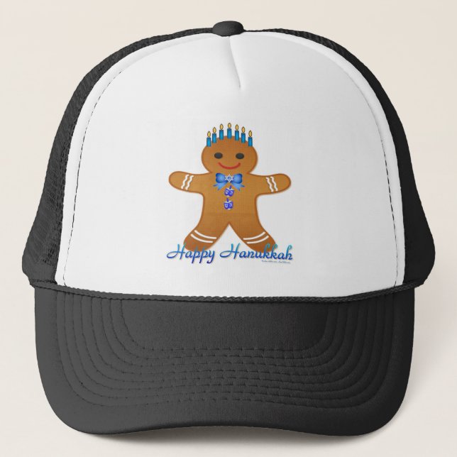 Judaika Hanukkah Gingerbrot Mann Menorah Truckerkappe (Vorderseite)