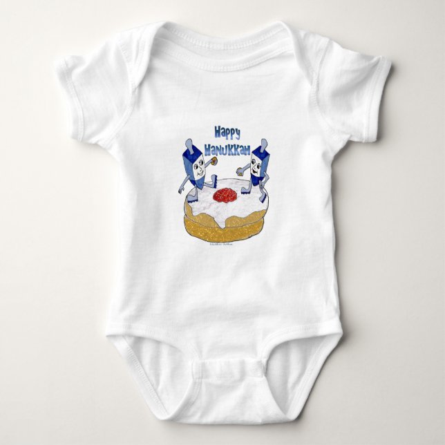 Judaika Happy Hanukkah Dancing Dreidels Doughnut Baby Strampler (Vorderseite)