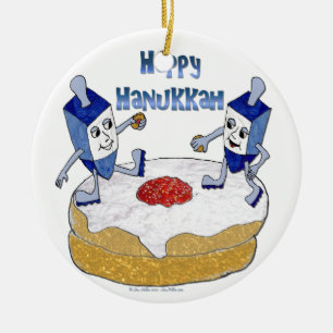 Judaika Happy Hanukkah Dancing Dreidels Doughnut Keramikornament