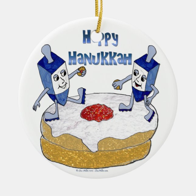 Judaika Happy Hanukkah Dancing Dreidels Doughnut Keramikornament (Vorne)