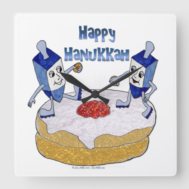 Judaika Happy Hanukkah Dancing Dreidels Doughnut Quadratische Wanduhr (Vorderseite)
