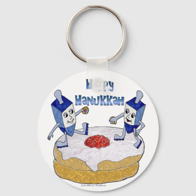Judaika Happy Hanukkah Dancing Dreidels Doughnut Schlüsselanhänger (Vorderseite)