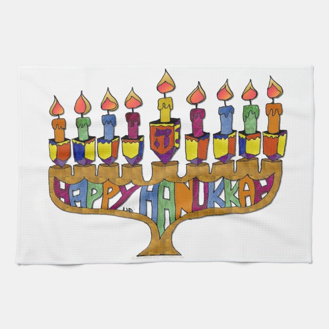 Judaika Happy Hanukkah Dreidel Menorah Geschirrtuch (Horizontal)