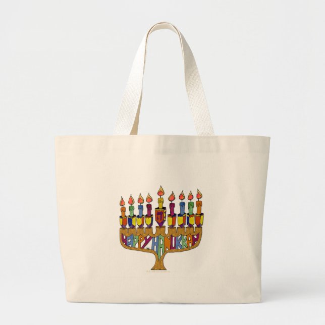 Judaika Happy Hanukkah Dreidel Menorah Jumbo Stoffbeutel (Vorne)