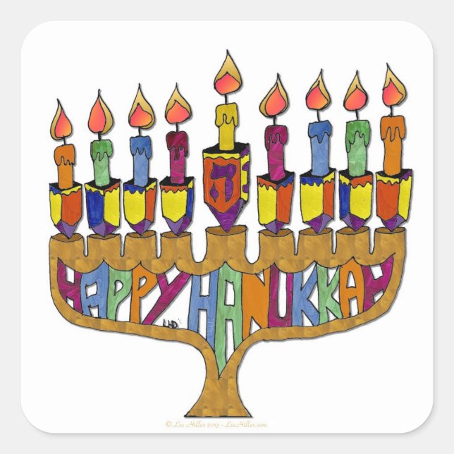 Judaika Happy Hanukkah Dreidel Menorah Quadratischer Aufkleber (Vorderseite)