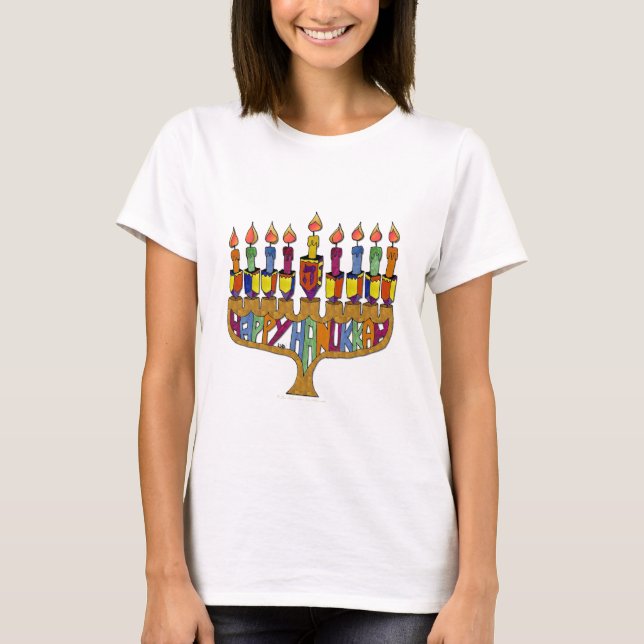 Judaika Happy Hanukkah Dreidel Menorah T-Shirt (Vorderseite)