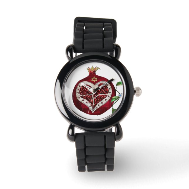 Judaika Pomegranate Heart Hanukkah Rosh Hashanah Armbanduhr (Vorderseite)