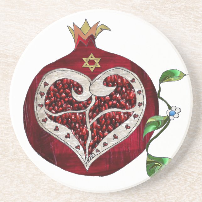 Judaika Pomegranate Heart Hanukkah Rosh Hashanah Getränkeuntersetzer (Vorne)