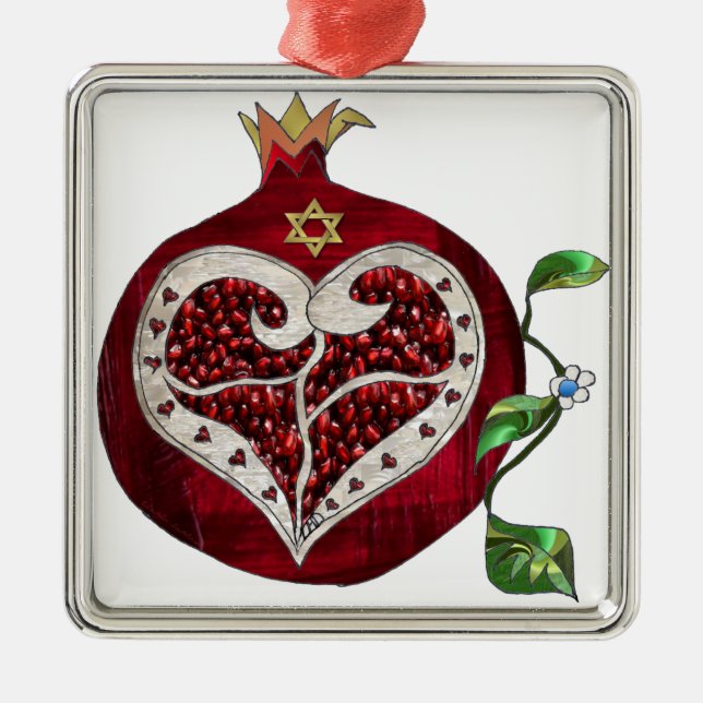 Judaika Pomegranate Heart Hanukkah Rosh Hashanah Ornament Aus Metall (Vorne)
