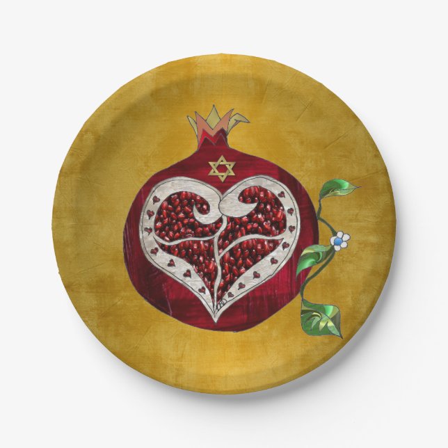 Judaika Pomegranate Heart Hanukkah Rosh Hashanah Pappteller (Vorderseite)