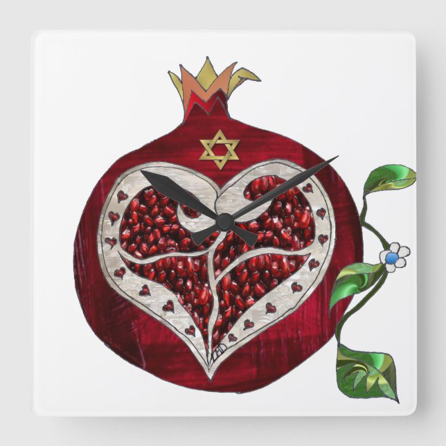 Judaika Pomegranate Heart Hanukkah Rosh Hashanah Quadratische Wanduhr (Vorderseite)