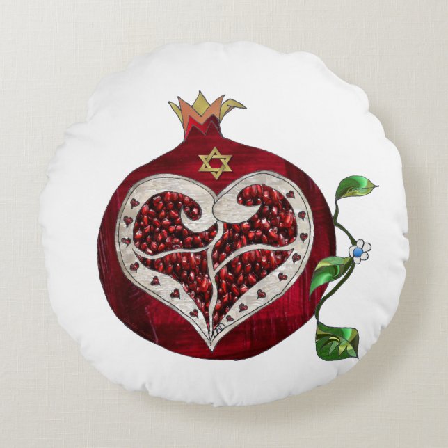 Judaika Pomegranate Heart Hanukkah Rosh Hashanah Rundes Kissen (Vorderseite)