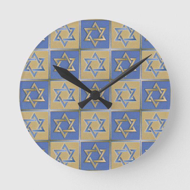 Judaika Star von David Metal Gold Blue Runde Wanduhr (Vorderseite)