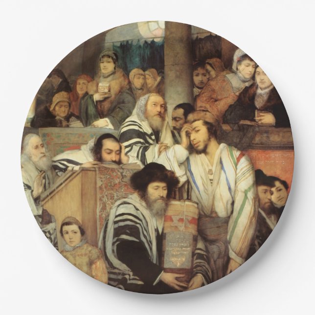 Juden, die in der Synagoge auf Jom Kippur beten Pappteller (Vorderseite)