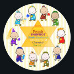Juden Holiday Star Kids Round Sticker<br><div class="desc">Dieses Design eignet sich für jeden jüdischen Feiertag (gut,  außer an schnellen Tagen wie Jom Kippur) und beherbergt einen großen David-Stern mit Namen mehrerer jüdischer Feiertage im Zentrum. Um den Stern herum sind stylisierte,  farbenfrohe Kinder in einem passenden Urlaubskorb. Feierlich und unterhaltsam.</div>