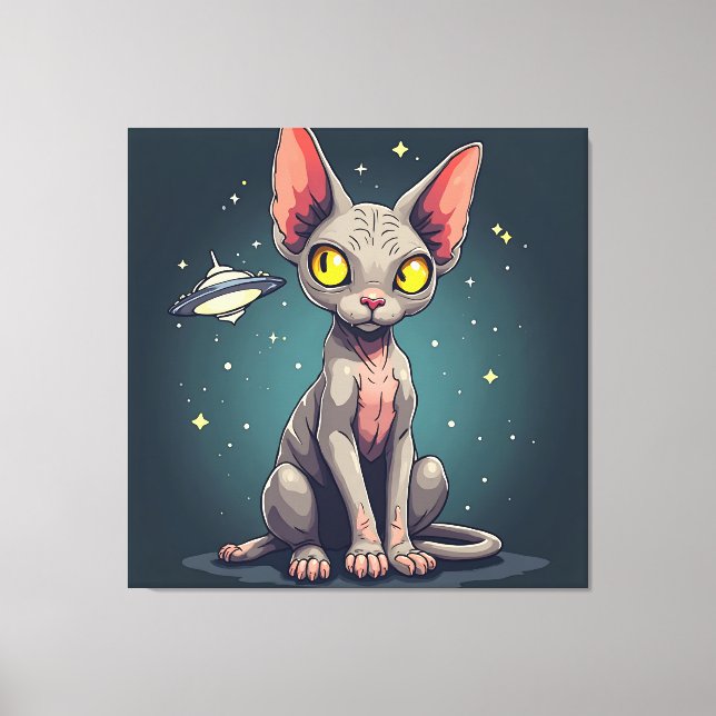 Judging Sphynx Cat UFO Space Cartoon Art Leinwanddruck (Vorderseite)