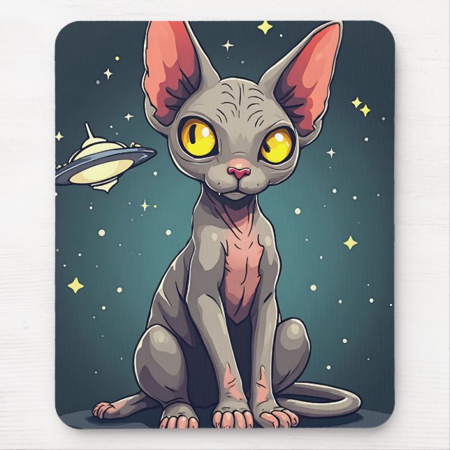 Judging Sphynx Cat UFO Space Cartoon Art Mousepad (Vorne)