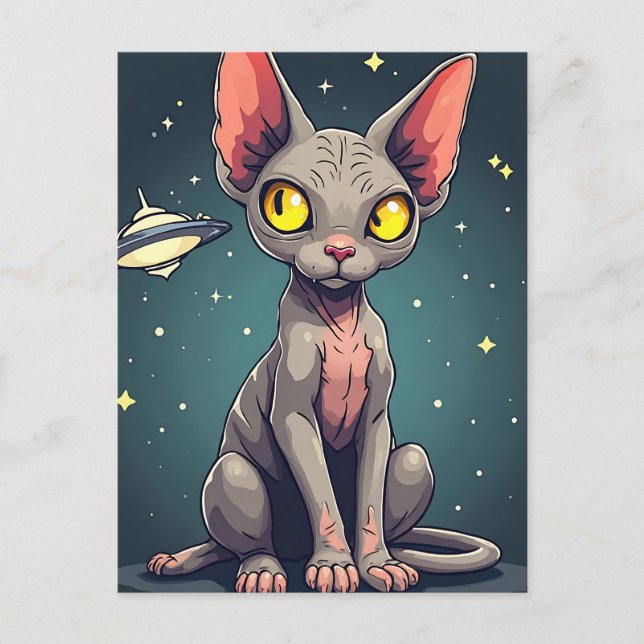 Judging Sphynx Cat UFO Space Cartoon Art Postkarte (Vorderseite)