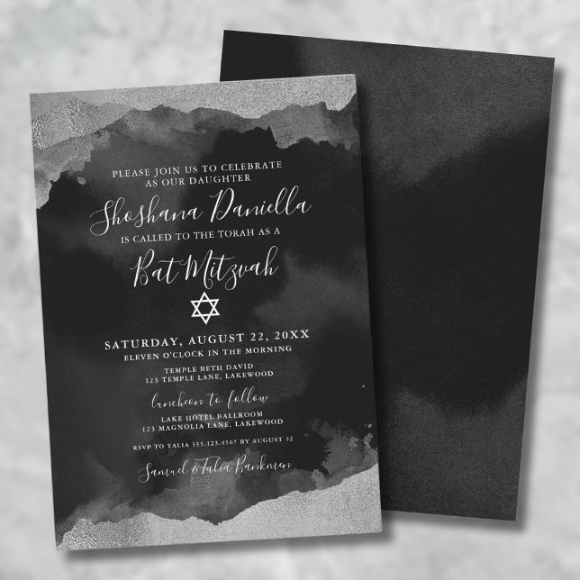Jüdisch Black Silver Watercolor Mitzvah Einladung (Bat Mitzvah Girl Black Silver Watercolor Jewish Invitation)