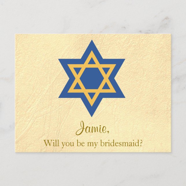 Jüdisch Blau und Gold werden Sie meine Bridesmaid  Einladungspostkarte (Vorderseite)