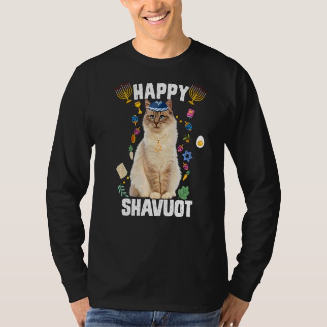 Jüdisch Cat Kippah Happy Shavuot Matzah Shavuot Ho T-Shirt (Vorderseite)