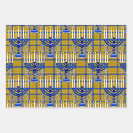 Jüdisch-Menorah-Kariert-Gold Geschenkpapier Set