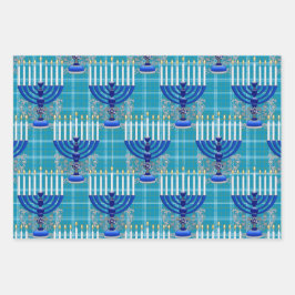 jüdisch-menorah-Kariert-zyanisch Geschenkpapier Set
