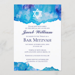 Jüdische Bar Mitzvah Blue Watercolor Einladungen