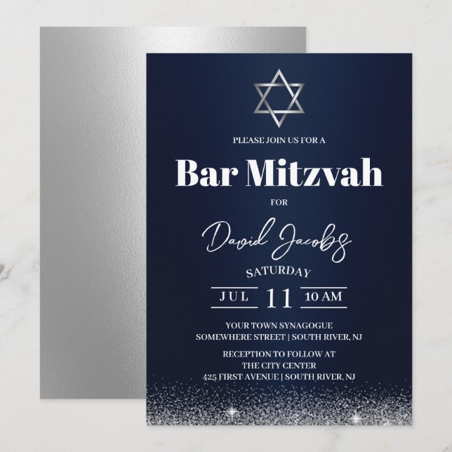 Jüdische Bar Mitzvah Star der David Modern Navy Bl Einladung (Vorne/Hinten)