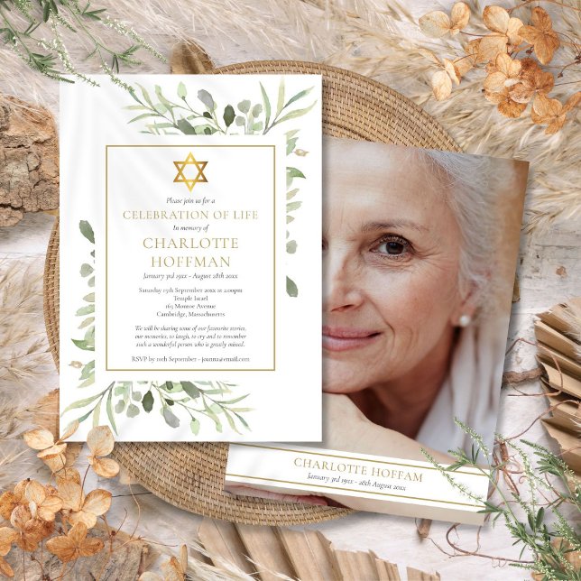 Jüdische Feier des Lebens Beerdigung Grünes Foto Einladung (Jewish Celebration of Life Funeral Greenery Photo Invitation)