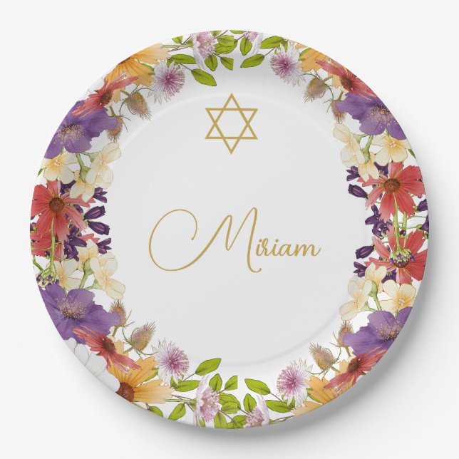 Jüdische Girl Baby Floral Hebrew Namensfeier Pappteller (Vorderseite)