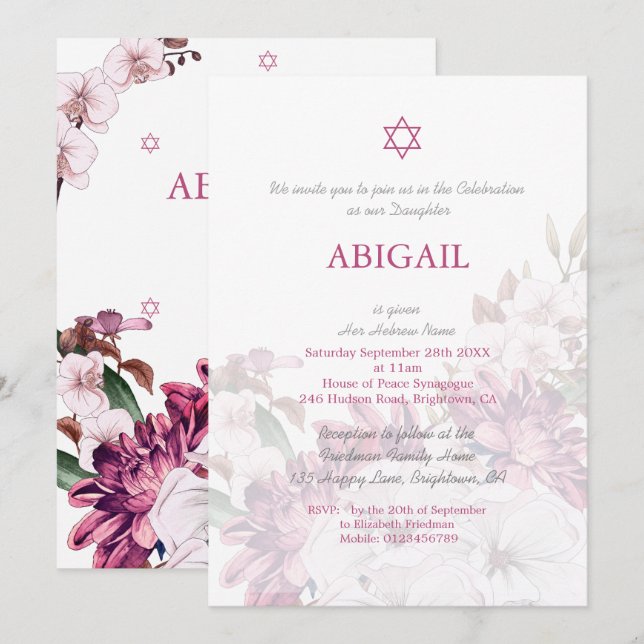 Jüdische Girl Floral Naming Zeremonie Hebräisch Einladung (Vorne/Hinten)