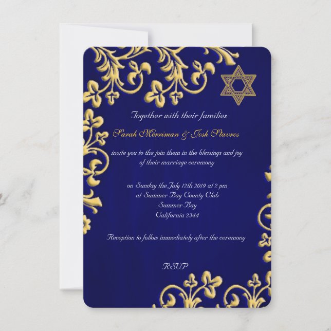 Jüdische Hochzeit in Blau und Gold Einladung (Vorderseite)