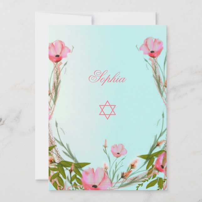 Jüdischer Blumenblauer Rosa Baby-Naming Star von D Einladung (Rückseite)