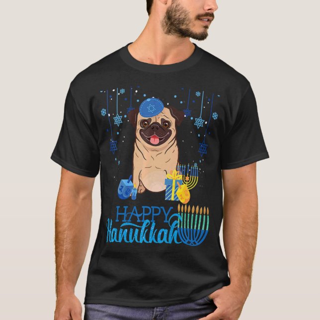 Jüdischer Mops Dog Menorah Hat Chanukah Hanukkah J T-Shirt (Vorderseite)