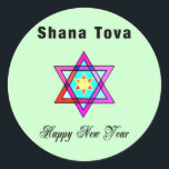 Jüdischer Stern Shana Tova Runder Aufkleber<br><div class="desc">Shana Tova jüdischer Stern kennzeichnet hebräischen Art-Buntglas Davidsstern Und sonnigen Gruß während eines guten Rutsch ins Neue Jahr.</div>