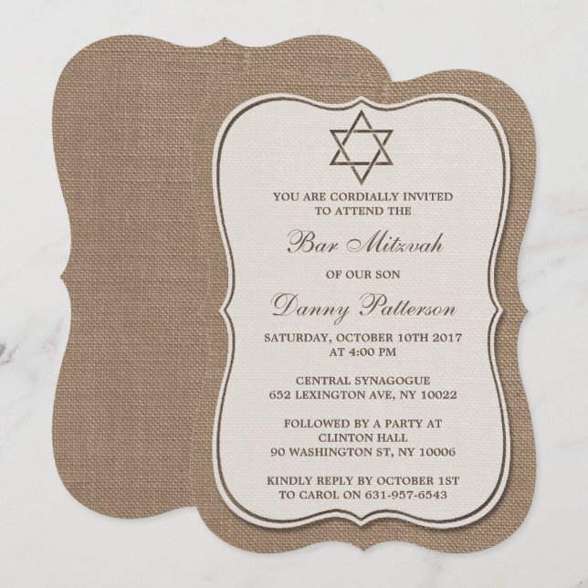 Jüdischer Stern von David Bar Mitzvah aus Burlap Einladung (Vorne/Hinten)