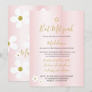 Jüdisches Bat Mitzvah Daisy Pink Girls Hebräisch   Einladung